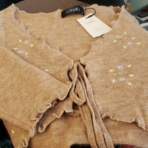 Cider Brown Double Tie Front Cardigan with Floral Embroidered Accents Size M